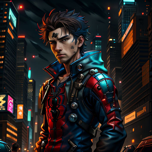 a man in a leather jacket standing in a city at night with a neon sign in the background that says cyber city
