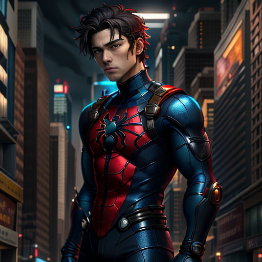 a man in a suit standing in a city at night with a cityscape in the background and a neon light