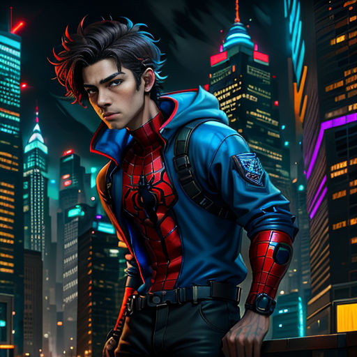 a man in a blue jacket standing in front of a city at night with a spider man on his chest