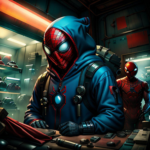 a man in a spider suit and a spider man in a suit in a room with other people in the background
