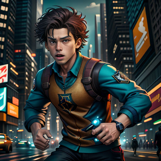 a man in a city with a gun in his hand and a cityscape in the background with a neon sign