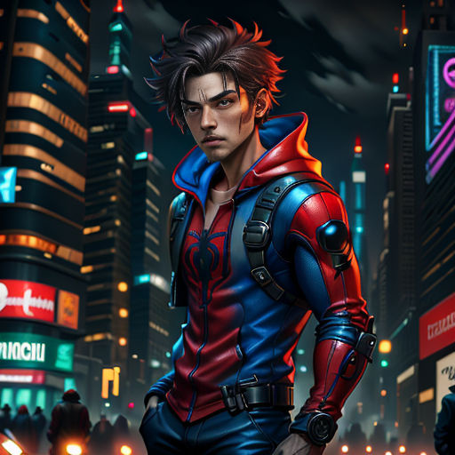 a man in a red and blue jacket standing in a city at night with neon lights and a neon sign