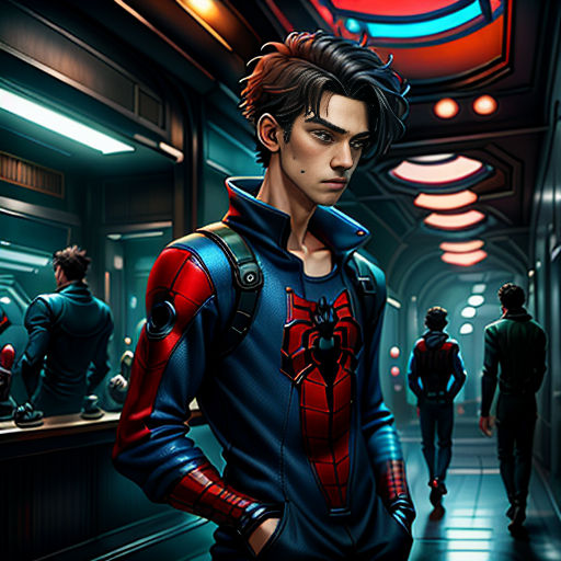 a man in a spider suit standing in a hallway with other people in the background and a neon sign above him