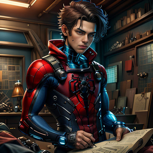 a man in a red and blue suit is reading a book in a room with a window and a lamp