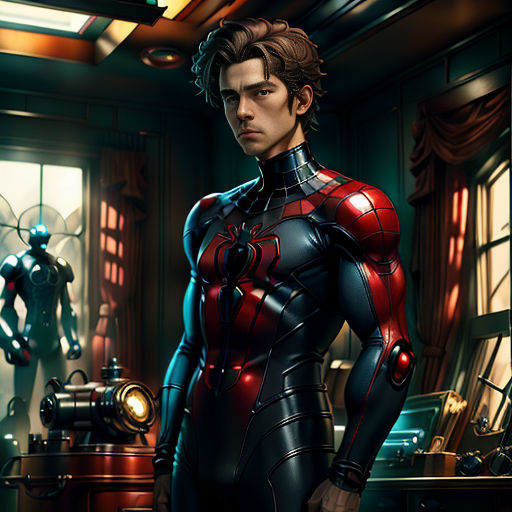 a man in a suit standing in a room with a robot in the background and another man in the background
