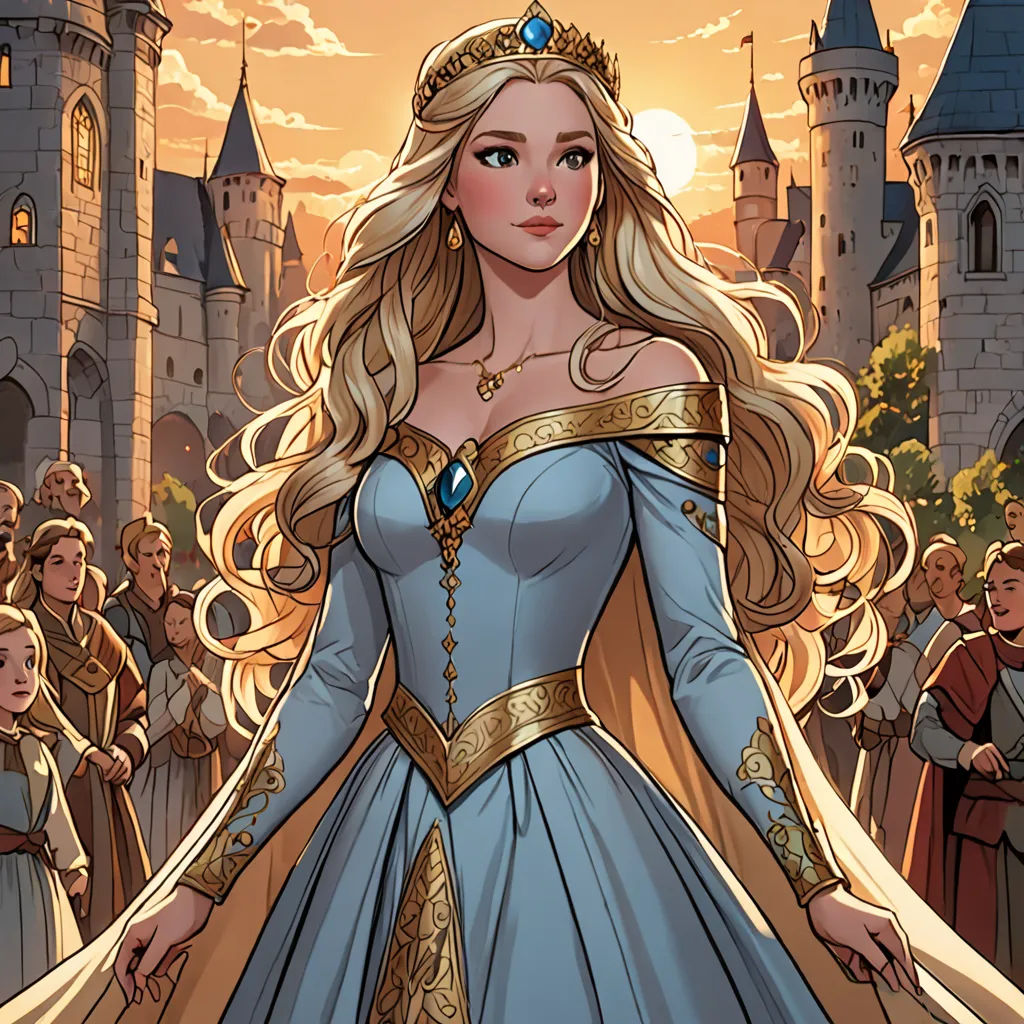 a cartoon of a woman in a blue dress with a crown on her head and a crowd of people behind her, fantasy art, a comic book panel, Charlie Bowater, rossdraws global illumination