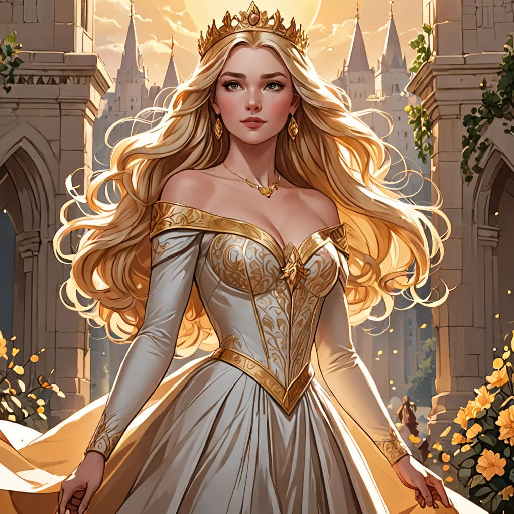 a woman in a dress with a crown on her head and a castle in the background with roses in the foreground, fantasy art, a storybook illustration, Charlie Bowater, rossdraws global illumination