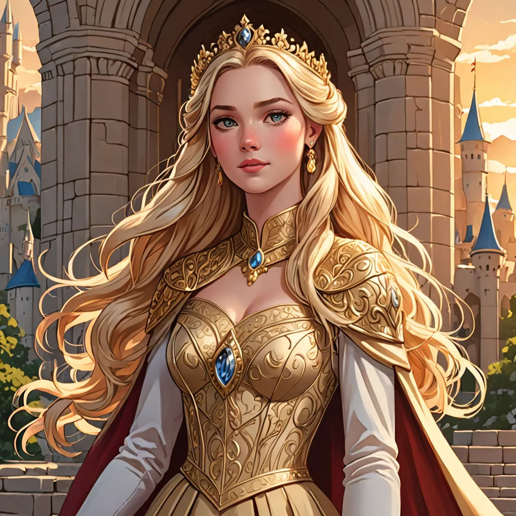 a woman in a golden dress and a crown standing in front of a castle with a castle in the background, fantasy art, a detailed painting, Charlie Bowater, rossdraws global illumination
