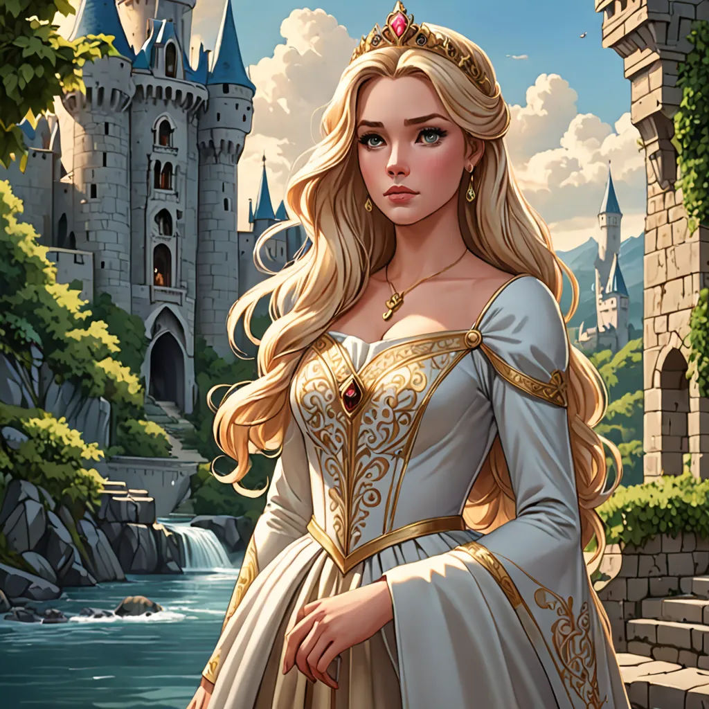 a beautiful blonde haired woman in a white dress standing in front of a castle with a waterfall and a castle in the background, fantasy art, a detailed painting, Charlie Bowater, fantasy artwork