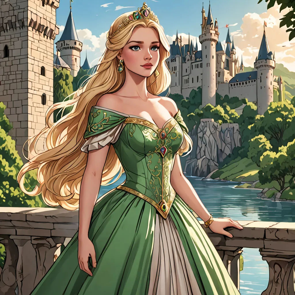 a beautiful blonde haired woman in a green dress standing on a bridge near a castle with a moat and moat, fantasy art, a storybook illustration, disney, rossdraws global illumination