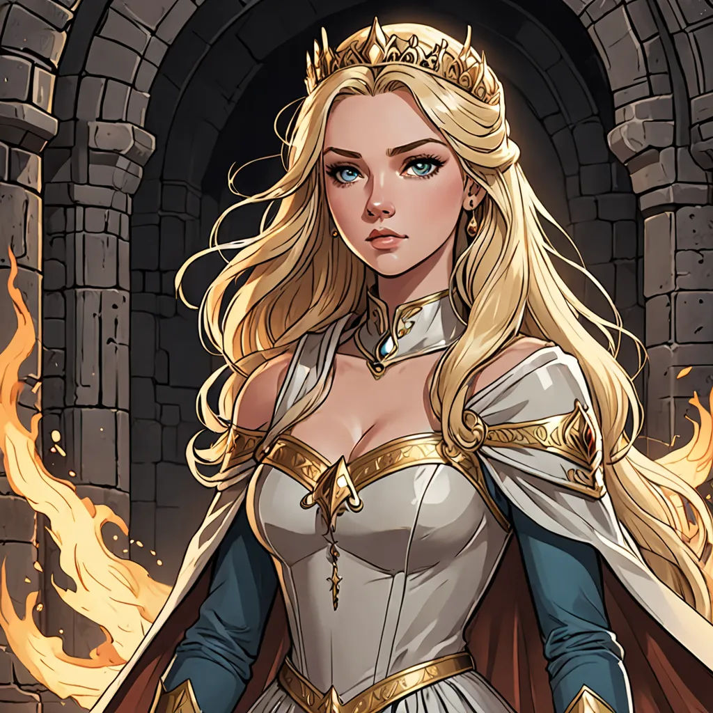 a woman in a white dress and a gold crown standing in front of a fire pit with a sword, fantasy art, a detailed drawing, Artgerm, rossdraws global illumination