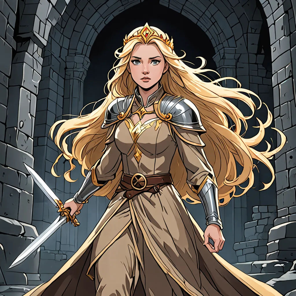 a woman in a medieval dress holding a sword and a sword in her hand, standing in a stone archway, fantasy art, a comic book panel, Artgerm, official art