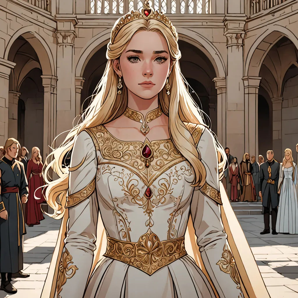 a woman in a white dress with a crown on her head and a crowd of people in the background, fantasy art, a comic book panel, Charlie Bowater, game of thrones