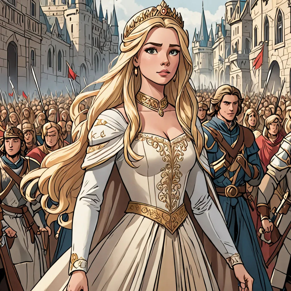 a woman in a white dress standing in front of a crowd of people in medieval dress and armor with a sword, fantasy art, a comic book panel, Charlie Bowater, rossdraws global illumination