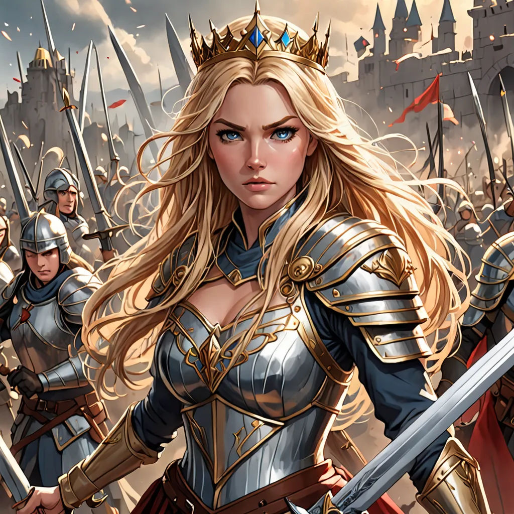 a woman in a medieval outfit holding a sword and a sword in her hand with a group of men in the background, fantasy art, a comic book panel, Clint Cearley, epic fantasy character art