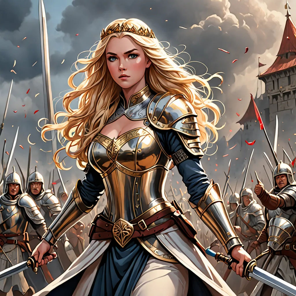 a woman in a golden armor standing in front of a group of men with swords and armor on their shoulders, fantasy art, a comic book panel, Clint Cearley, magic the gathering artwork