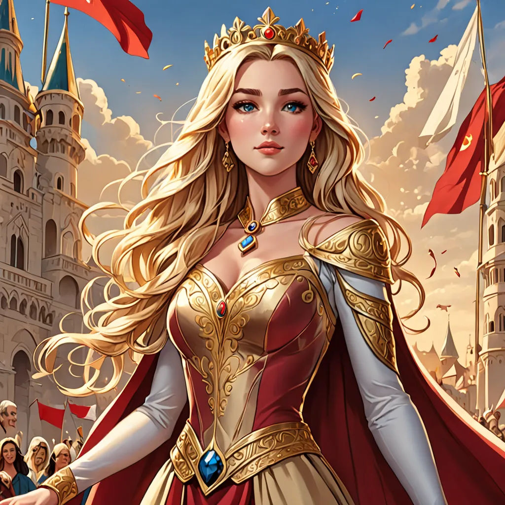 a woman in a red and gold dress standing in front of a castle with flags and a flag flying in the wind, fantasy art, a detailed painting, Anne Stokes, rossdraws global illumination