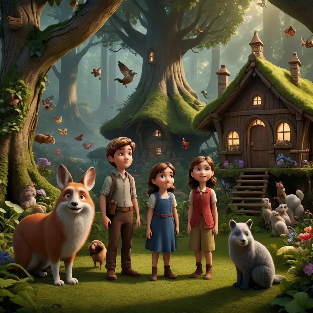 a group of people standing in front of a forest with animals and a house in the background with a bird flying overhead, furry art, a storybook illustration, Anne Said, promotional image