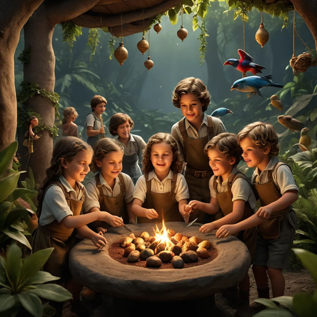 a group of children around a table with a lit candle in it and birds flying overhead in the background, magic realism, a detailed matte painting, Diego Gisbert Llorens, promotional image