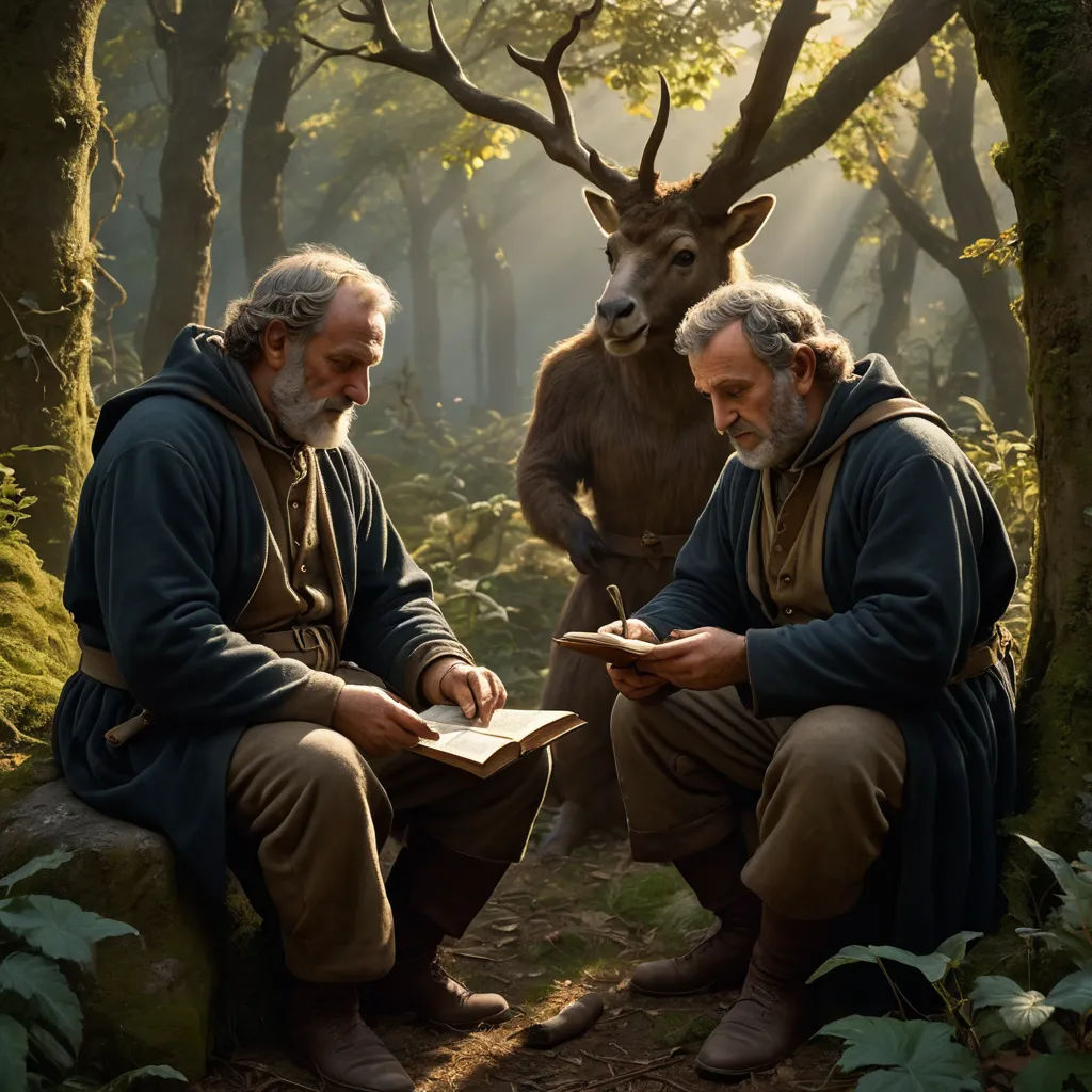 two men sitting in the woods reading a book with a deer in the background and a deer standing behind them, fantasy art, a storybook illustration, Christophe Vacher, promotional image