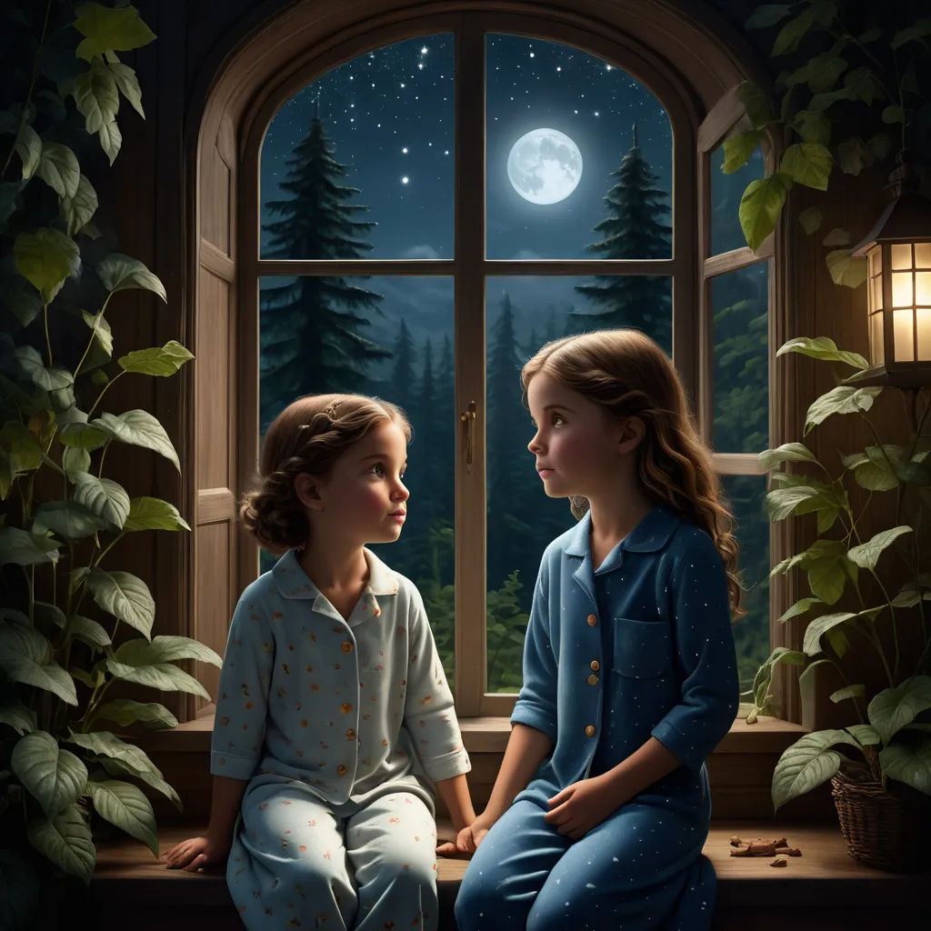 two girls sitting on a window sill looking out at the night sky and stars in the sky, with a full moon in the background, figurative art, a storybook illustration, Brad Kunkle, highly detailed digital painting