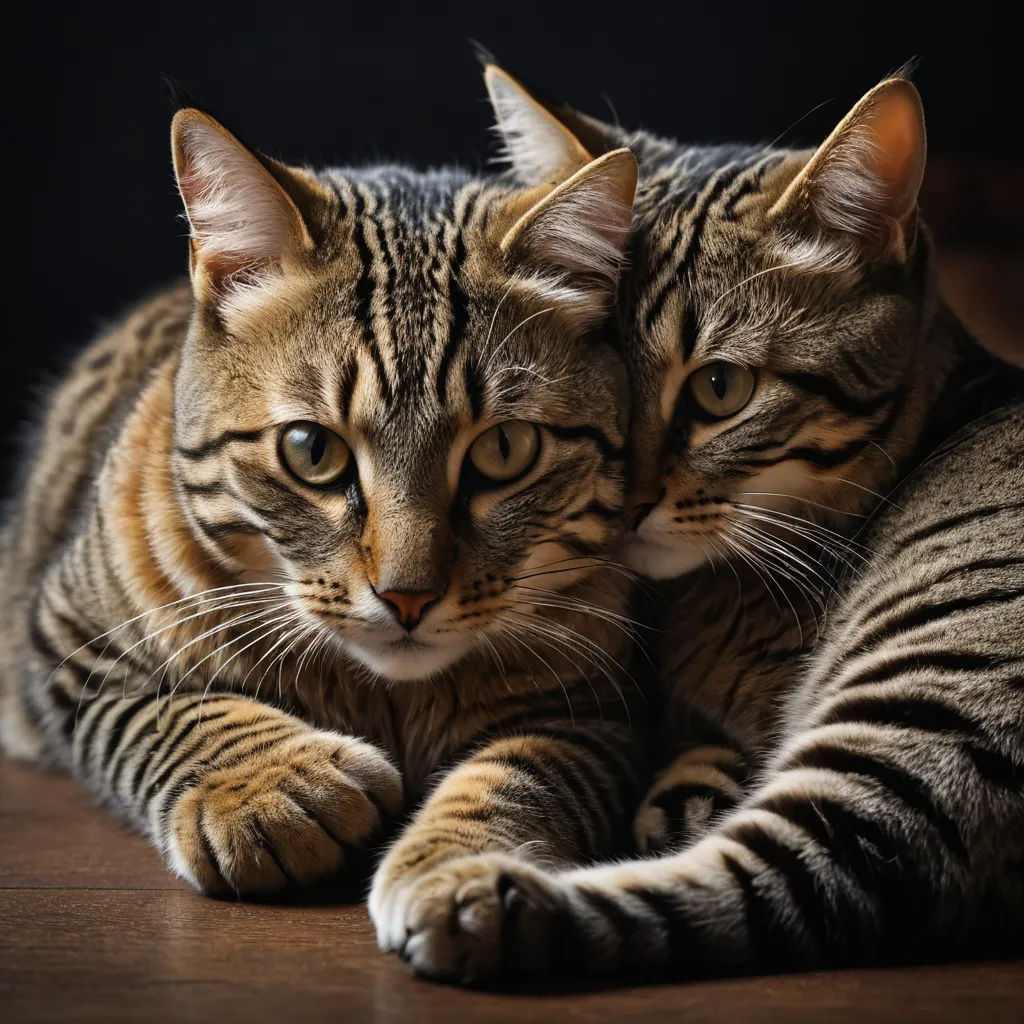 two cats laying on a wooden floor next to each other on a table with their paws on the floor, art photography, a photorealistic painting, Brothers Hildebrandt, animal photography