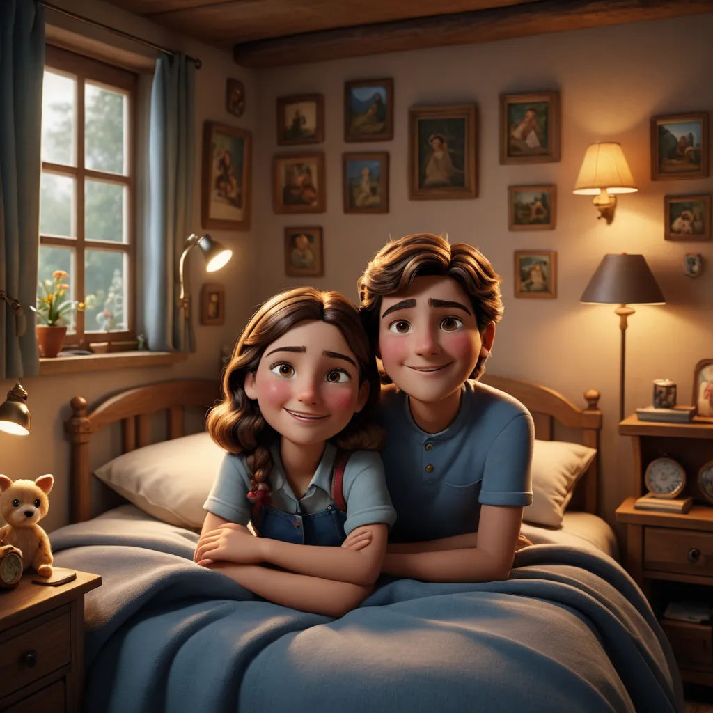 a couple of people that are laying in a bed together in a room with pictures on the wall and a teddy bear, photorealism, a storybook illustration, Chris LaBrooy, promotional image