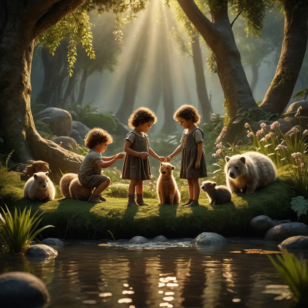 three children are standing in the grass with their dogs near a river and trees and rocks, with the sun shining through the trees, american scene painting, poster art, Chris LaBrooy, key art