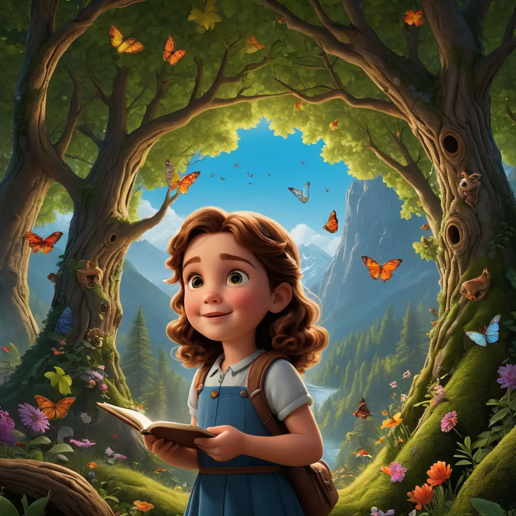 a girl in a blue dress is standing in a forest with butterflies and a book in her hands and a mountain in the background, magical realism, a storybook illustration, Chris LaBrooy, promotional image