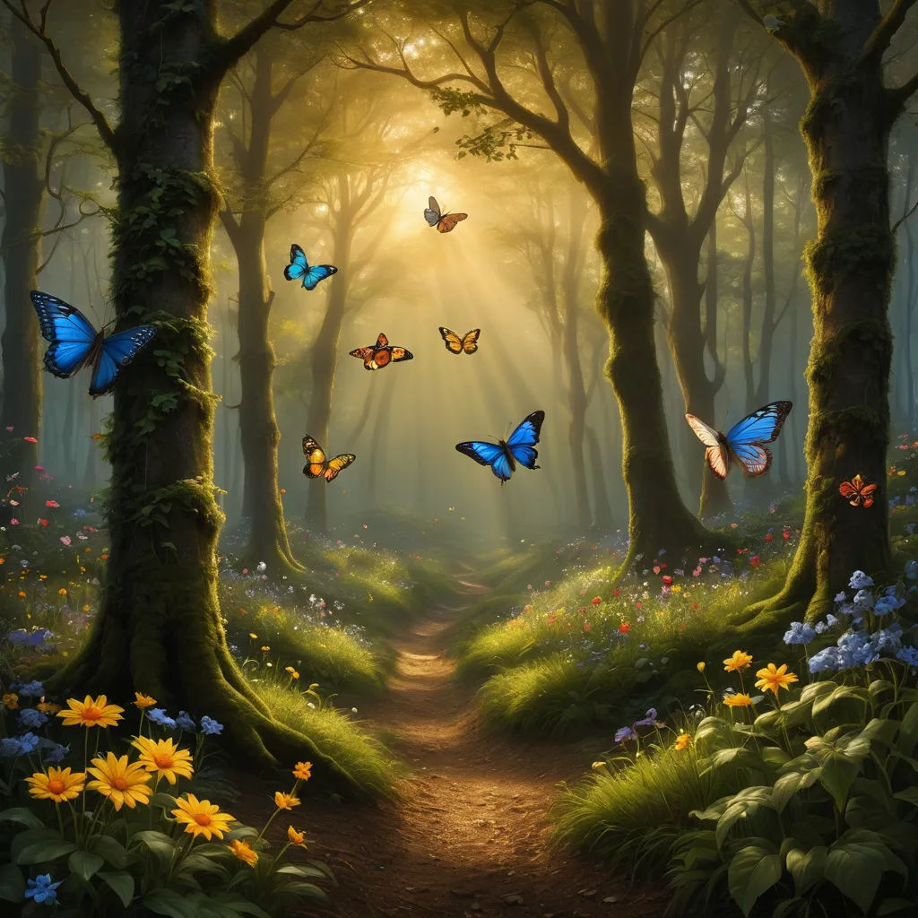 a painting of a forest with butterflies flying over the trees and flowers on the ground and a path leading to the trees, magical realism, a matte painting, Anne Stokes, matte fantasy painting