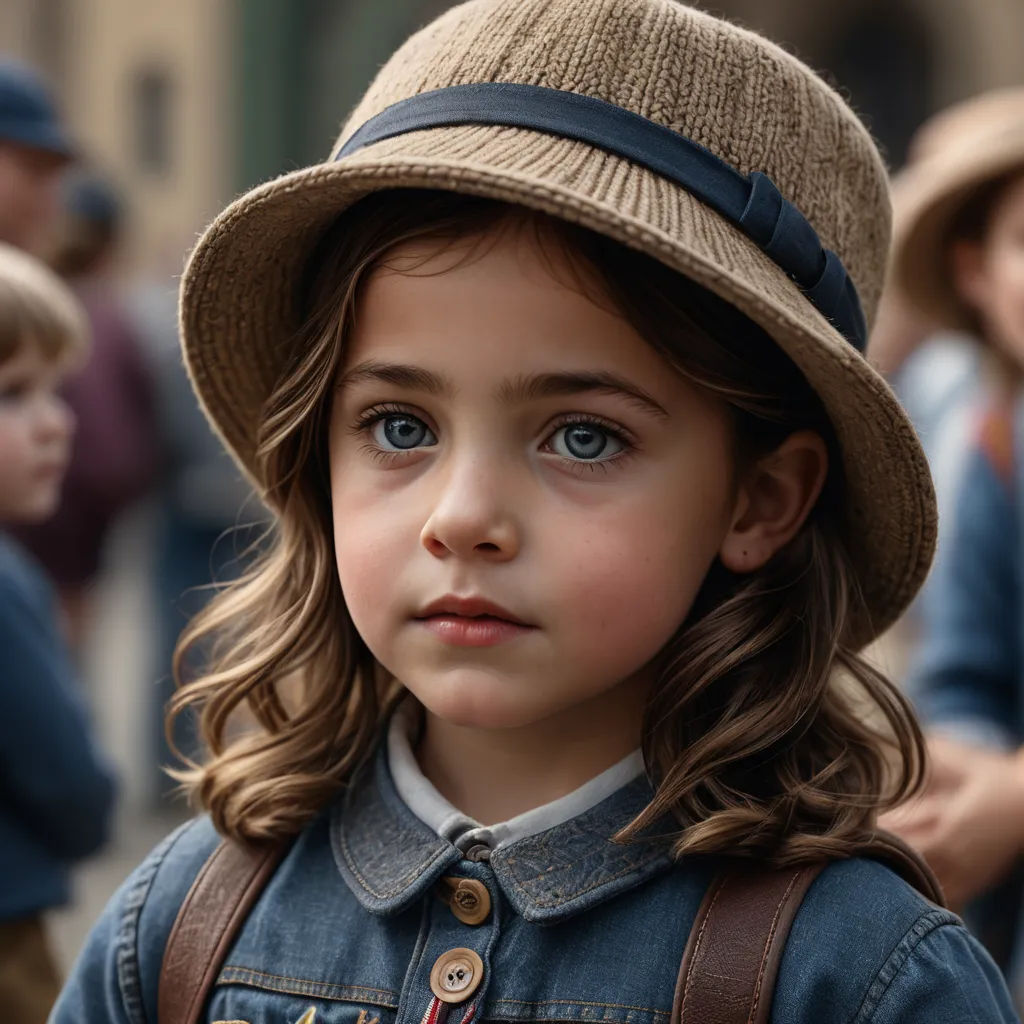 a little girl wearing a hat and a backpack on a street corner with other children in the background and a crowd of people, paris school, a photorealistic painting, Celia Fiennes, j. c. leyendecker 8 k