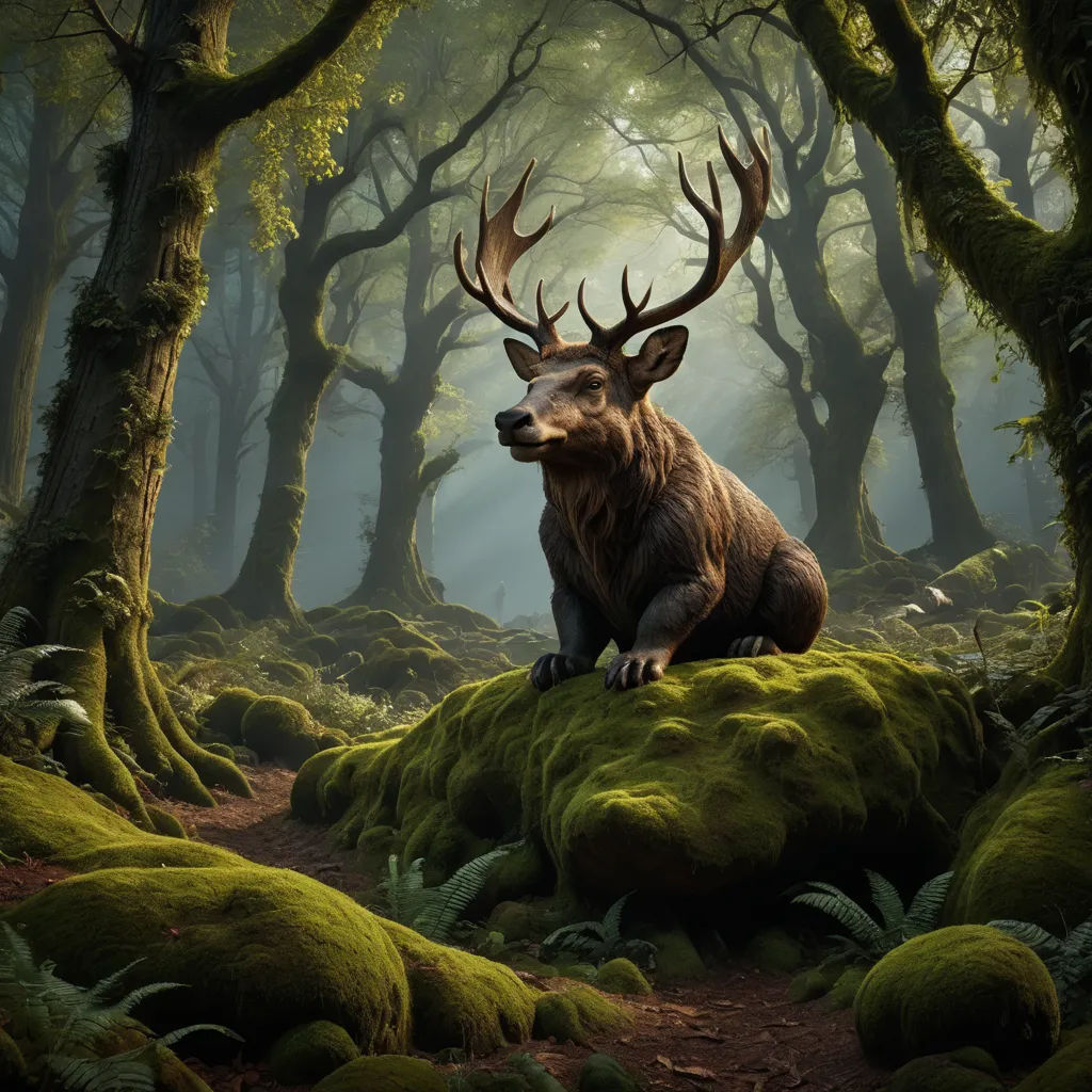a large deer sitting on top of a lush green forest covered in trees and mossy ground covered in lots of green leaves, magic realism, a detailed matte painting, Chris LaBrooy, matte fantasy painting