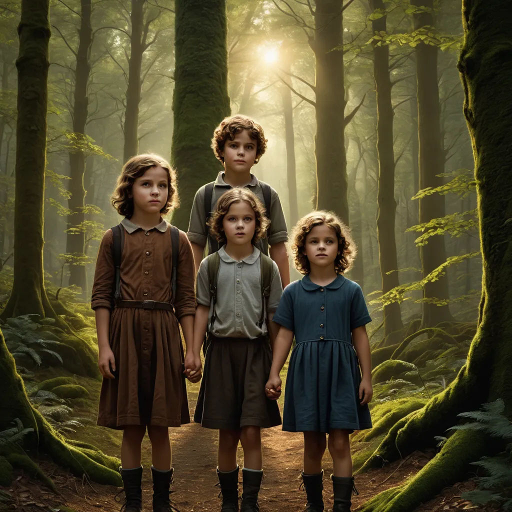 a group of children standing in a forest with a light shining through the trees behind them and a person standing in the middle of the picture, magical realism, a poster, Diego Gisbert Llorens, promotional image