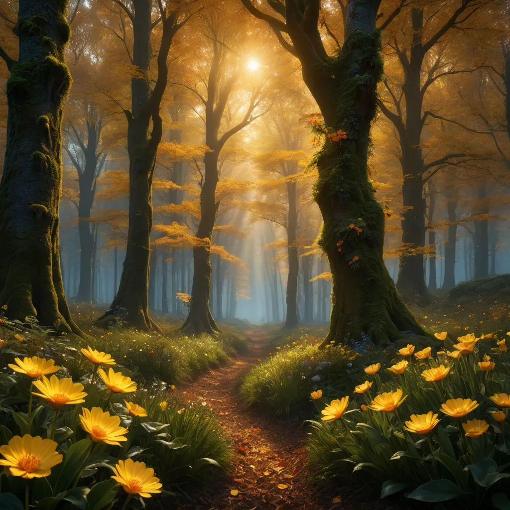 a path through a forest with yellow flowers on the ground and trees in the background with bright sunlight coming through the trees, magic realism, a matte painting, David Martin, enchanting