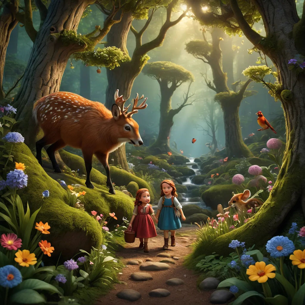 a painting of a deer and a girl in a forest with flowers and trees, and a stream running through the woods, magical realism, a storybook illustration, Chris LaBrooy, storybook illustration