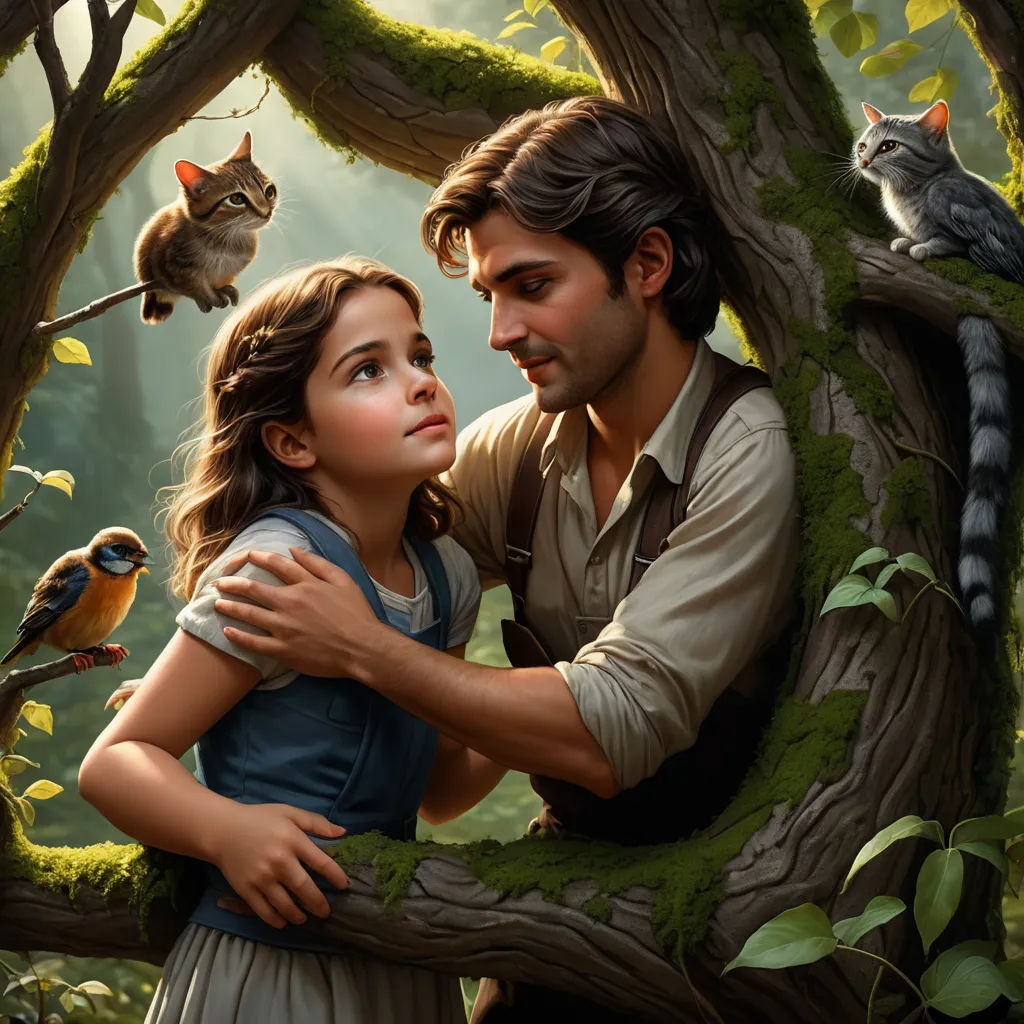 a painting of a man and a girl hugging in a tree with a cat in the background and a bird on the branch, magical realism, poster art, Aaron Jasinski, promotional image