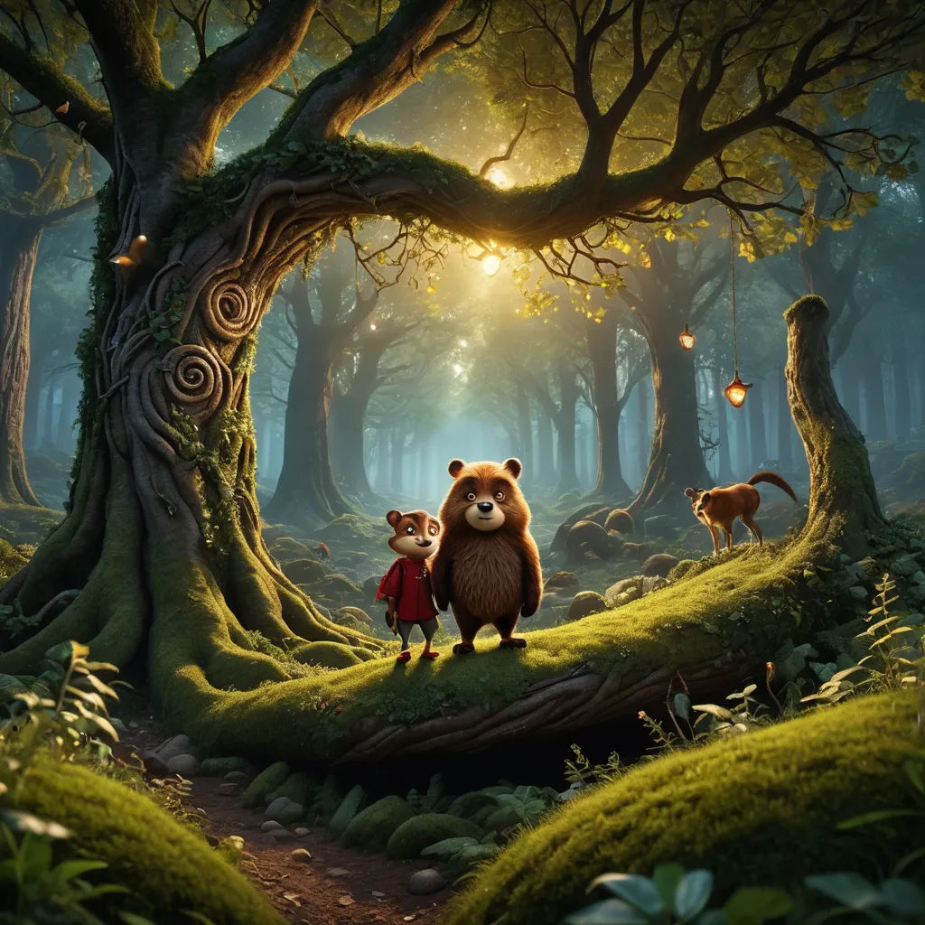 a painting of a bear and a squirrel in a forest with a light shining through the trees and a path, magical realism, a storybook illustration, Chris LaBrooy, promotional image