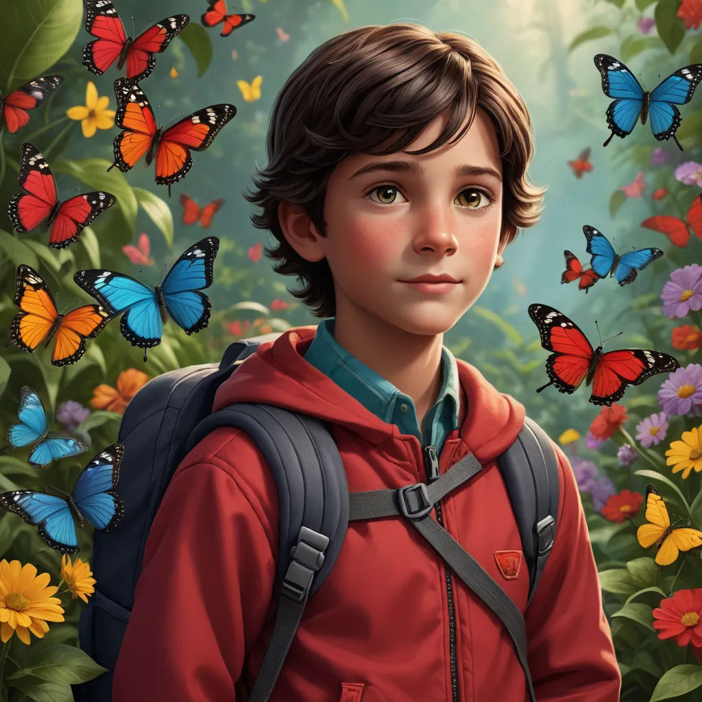 a boy with a backpack standing in a field of flowers and butterflies with a butterfly background that is painted in red and blue, photorealism, a character portrait, Aaron Jasinski, key art