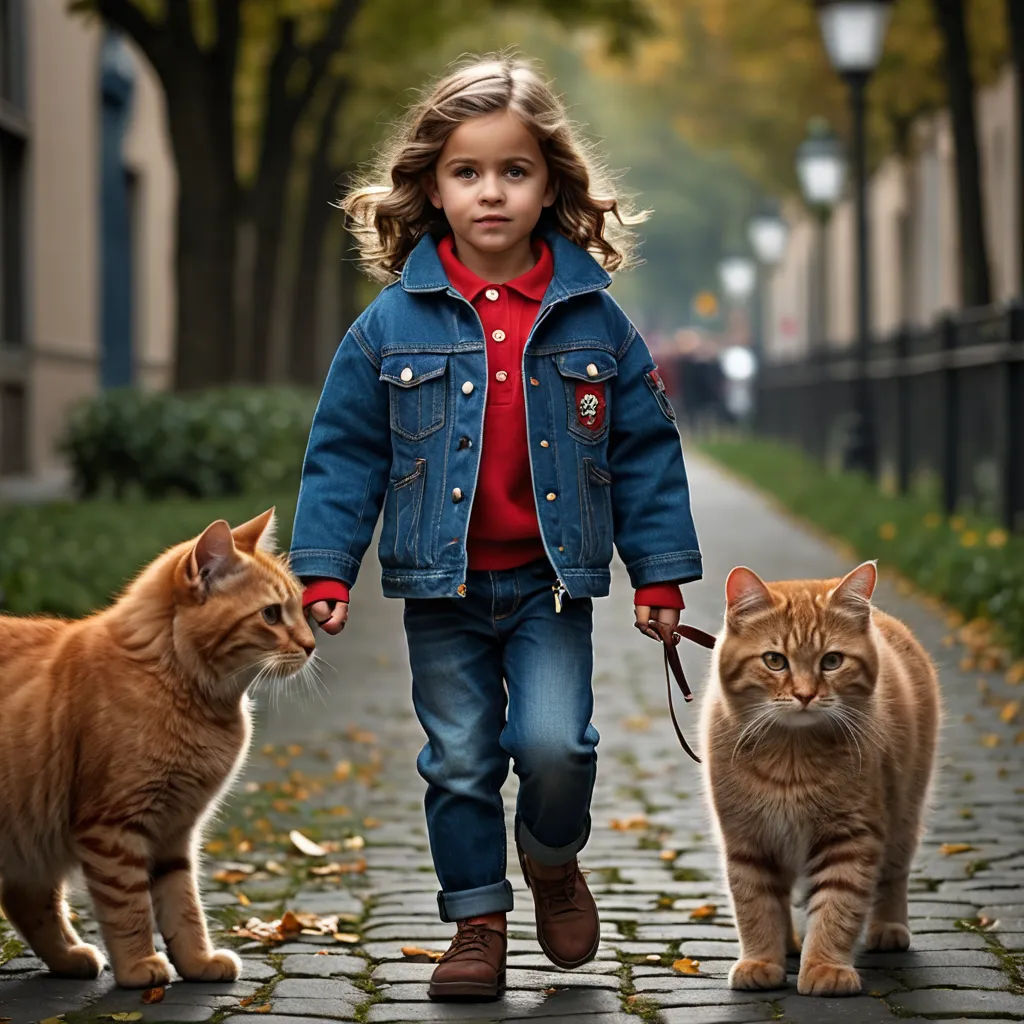 a little girl walking two cats down a sidewalk in the fall time, with a blue jean jacket on, art photography, a storybook illustration, Artur Tarnowski, award - winning photography