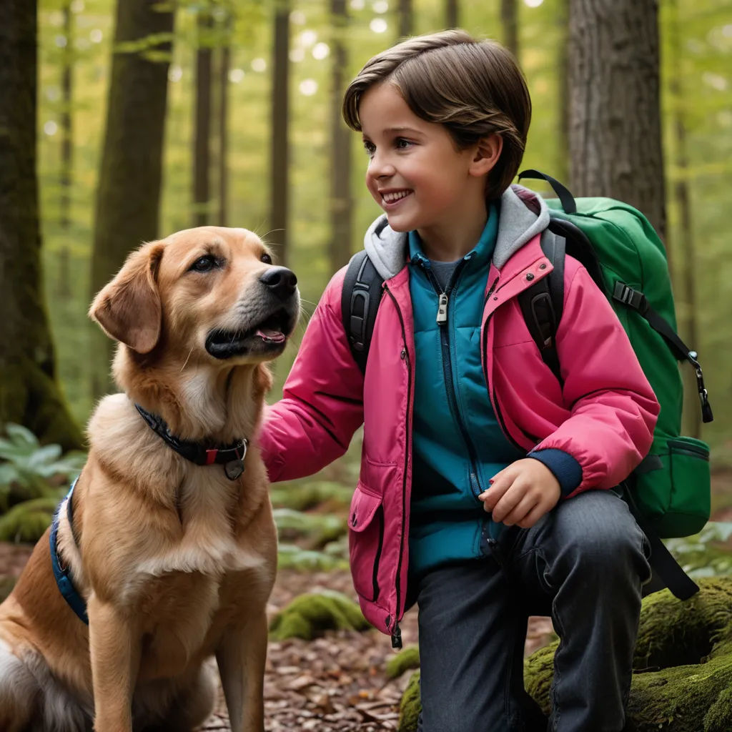 a young boy and a dog in the woods together, with a backpack on their back, smiling at each other, heidelberg school, a stock photo, Elke Vogelsang, promotional image