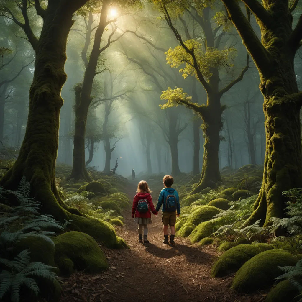 two children walking in a forest holding hands and looking at the sun through the trees and ferns on the ground, magical realism, a detailed matte painting, David Martin, award-winning photograph