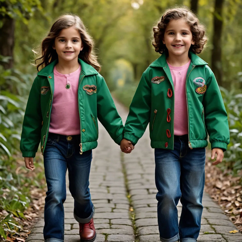 two young girls walking down a path holding hands and smiling at the camera, both wearing green jackets and pink shirts, barbizon school, a tilt shift photo, Diego Gisbert Llorens, portrait photography