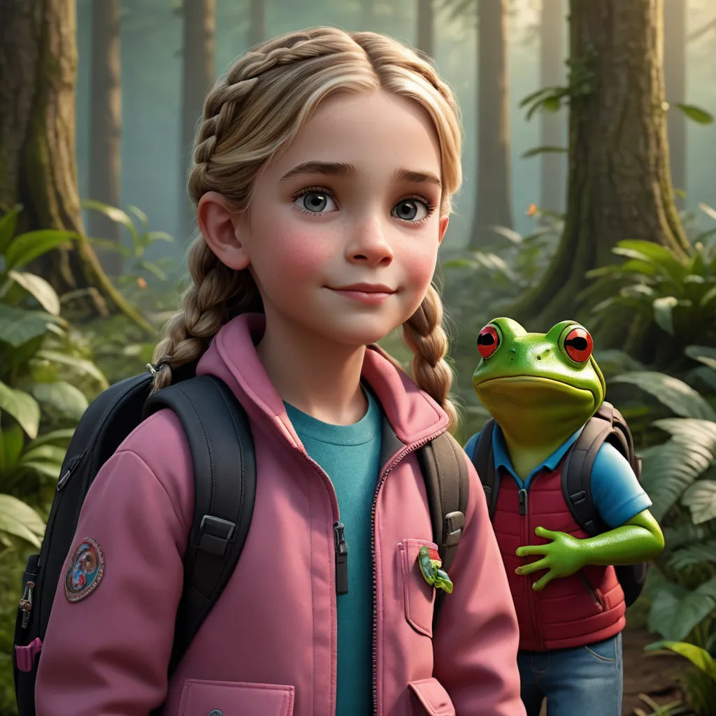 a girl with a backpack and a frog in a forest with trees and bushes behind her, both looking at the camera, photorealism, a character portrait, Chris LaBrooy, unreal engine 5 quality render