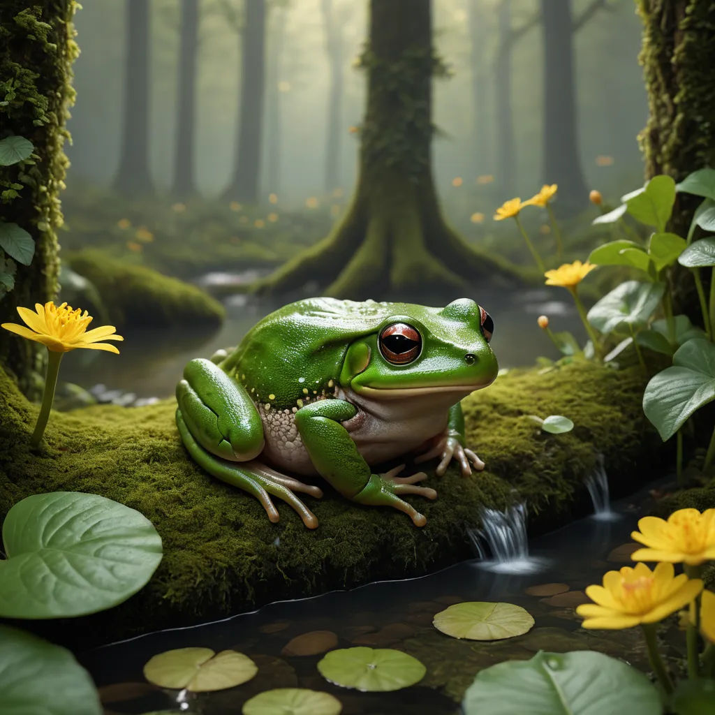 a frog sitting on a mossy log in a forest with yellow flowers and water lilies around it, fantasy art, a digital painting, Chris LaBrooy, highly detailed digital painting