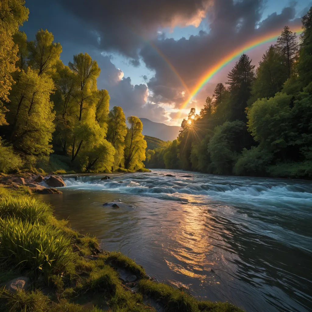 a river with a rainbow in the sky and trees around it and a rainbow in the sky above it, naturalism, a matte painting, David Martin, mystical colors