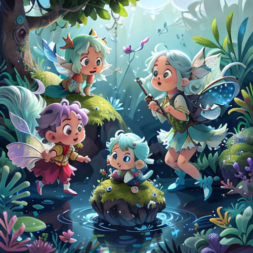 a group of elves in the forest with a pond and plants around them, with a forest background and a pond with water