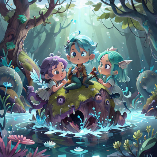 a group of elves sitting on top of a rock in a forest with a pond and trees in the background