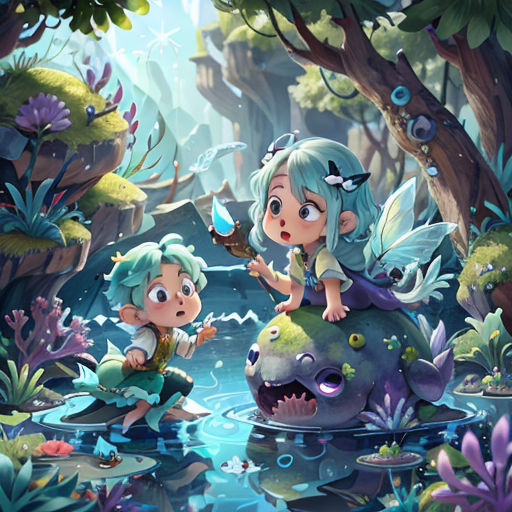 a cartoon of two children sitting on a rock in a pond with a dragon and a fish in it