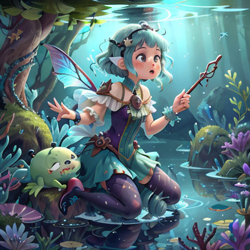 a cartoon girl in a blue dress holding a wand in a pond of water with plants and plants around her