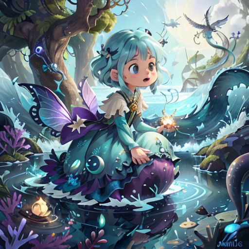a girl sitting on a rock in the water with a dragon in her hand and a dragon in her hand